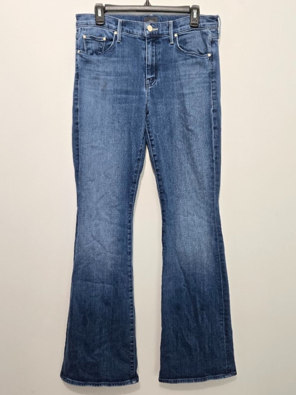 MOTHER The Down Low Weekender Heel High Tide Blue Flare Leg Jeans Sz 32 Mid Rise